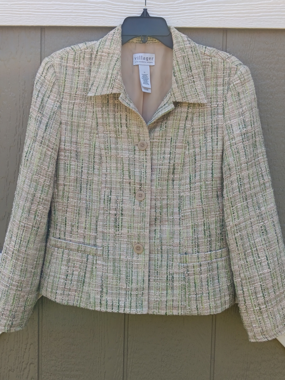 Villager Liz Claiborne Cream and Green Tweed Blazer Size 12